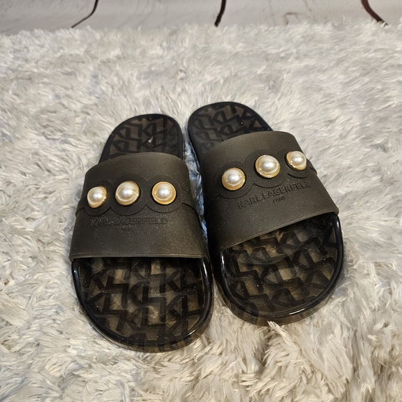 Karl Lagerfeld Paris Shoes - Karl Lagerfeld Paris Black Pearl Embellished Slides‎ Sandals Womens